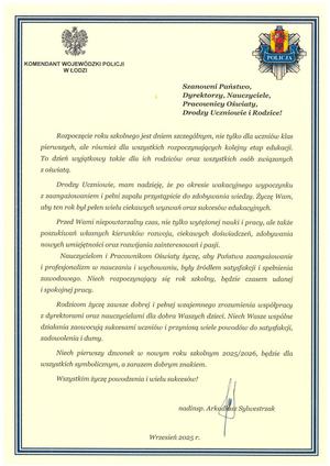 List intencyjny Komendanta Wojewódzkiego Policji w Łodzi.