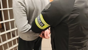 Policjanci zakładają kajdanki na ręce.