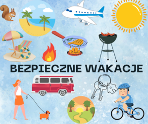 plakat przedstawiający miejsca wypoczynku wakacyjnego i czyhające niebezpieczeństwa takie jak obca osoba, rower, woda, ogień, pies, podróże