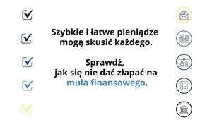 plakat który informuje o metodach oszustów finansowych.