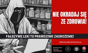 plakat na którym widać zamaskowaną osobę przed komputerem a obok niego pełno butelek i pojemników z lekami.