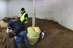 Policjanci przeszukają pomieszczenie z tytoniem.